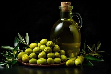 Fresh bio olive oil in glass bottle with ripe olives, healthy food farm concept. Generative Ai.