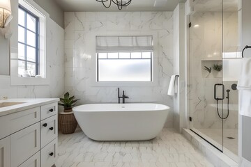 Fototapeta na wymiar Sleek Modern Bathroom Featuring a Freestanding Tub, Luxurious Marble Tiles, and Designer Fixtures.