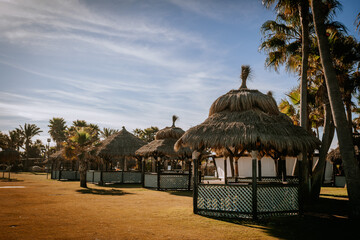 Sotogrante, Spain - January 25, 2024 - Thatched cabanas with green trim surrounded by palm trees...