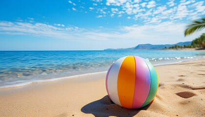 Fototapeta na wymiar beach ball on a tropical sandy beach during summer. Beach ball in sand. Summertime vacation with clear blue water and the sun
