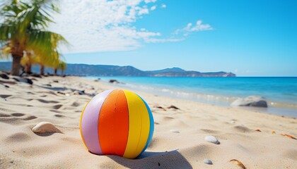 Obraz premium beach ball on a tropical sandy beach during summer. Beach ball in sand. Summertime vacation with clear blue water and the sun