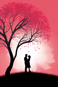 Romantic Love: A Couple Embracing Under a Silhouette Tree, Illustration for Valentine's Day Card