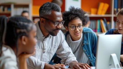 Teacher giving lesson to diverse multiethnic group of students in college room, Teaching new academic skills on a computer.