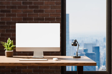 frontal view on modern clean pc workplace; white monitor with copy space; minimalist office background with panoramic view on big city skyline; digital home office concept; 3D rendering