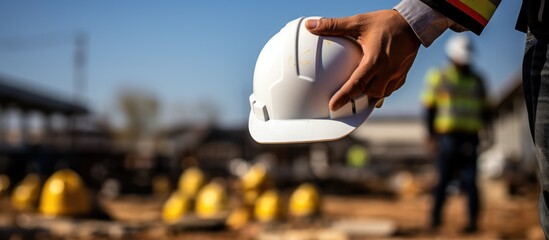 Architect holding hard hat and blueprints on location building construction background