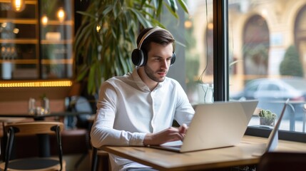 Fototapeta na wymiar Young man wearing wireless headphones using laptop in cafe. Freelance working concept.