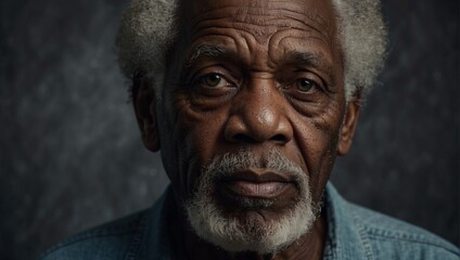 Portrait of an old African American man with a smile. Wrinkles, gray hair. A kind look. An elderly grandfather. A mature person.