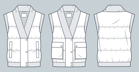 Down Jacket Vest technical fashion Illustration. Puffer Vest Coat with ribbed trim fashion flat technical drawing template, pockets, button, front, back view, white, women, men, unisex CAD mockup set. © Liubov Hladka