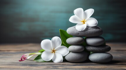 Fototapeta na wymiar Balance stone spa massage with white Frangipani or plumeria flowers on wooden floor. Women's body care and beauty clinic.
