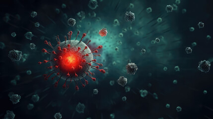 Image of virus - abstract image of virus on dark background, science nanotechnology, medical concept, pathogen, deasease x, measles morbillivirus, long covid, copy space - obrazy, fototapety, plakaty