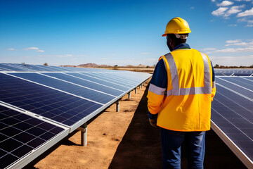 Skilled technician inspects solar panels farm, ensuring efficiency and sustainability. A professional in work clothes contributes to renewable energy innovation