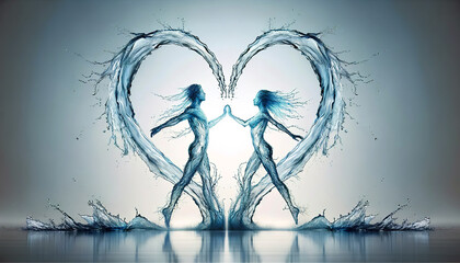Artistic representation of two figures made of water forming a heart-shaped splash effect on a serene background with copy space.  Concept of love. AI generated.
