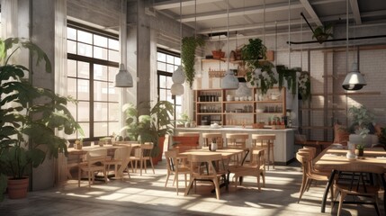 Fototapeta premium Cafe interior with industrial building house style and cool indoor plants 