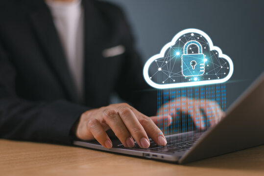 Businessman use computer laptop device. Cloud security business technology concept. Cloud computing diagram tech. Data storage transfer, network internet service. Digital storage infographic system