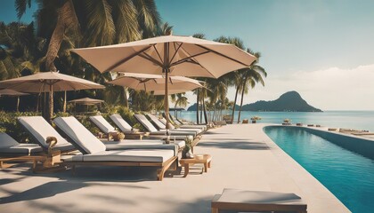 Panoramic holiday landscape. Luxurious beach resort hotel swimming pool and beach chairs or loungers - obrazy, fototapety, plakaty