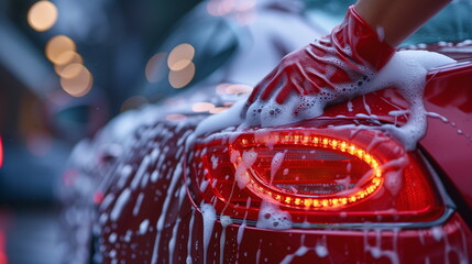 Closeup washing the red car : Car care center. AI Generative.