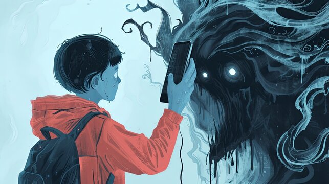 Illustration of a boy looks into screen with a devil of screentime, addicted to a phone, facing bad social online community, hurting the feelings, Generative AI 