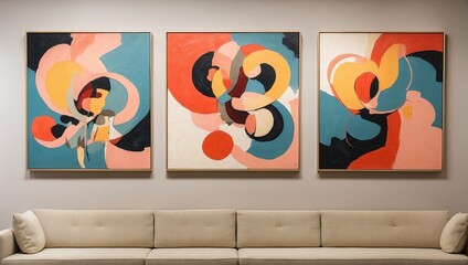 Pictures hanging on wall of abstract art Generative AI