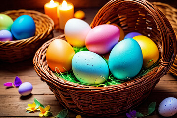 Fototapeta na wymiar Easter eggs lie in a wicker basket on the table.