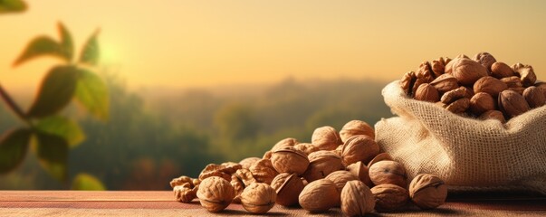 Fototapeta na wymiar A bag of walnuts with nature background on wooden mat, panorama. Generative Ai.
