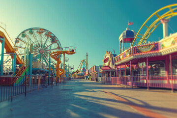 amusement park, carousel, slides, swings with rides, empty during the day