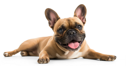 Cute french bulldog puppy, smiling panting, tan fawn color frenchie, smiling, looking at camera, transparent background silhouette, room for type, dog breeds, pet care, veterinary, pet advertisement