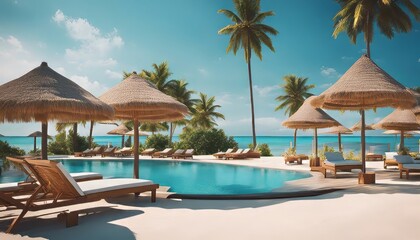 Panoramic holiday landscape. Luxurious beach resort hotel swimming pool and beach chairs or loungers