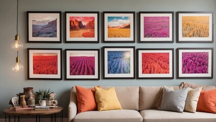 Pictures hanging on wall of colors Generative AI
