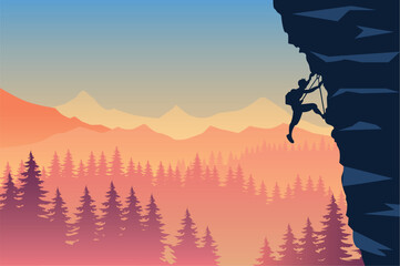 Man with backpack, climbing on a mountain wall or cliff and overlooking the valley. Mountain landscape. Traveling or hiking or climbing or tourism concept. Vector illustration.
