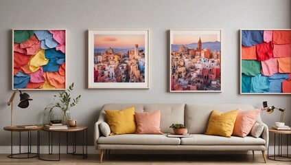 Pictures hanging on wall of colors Generative AI