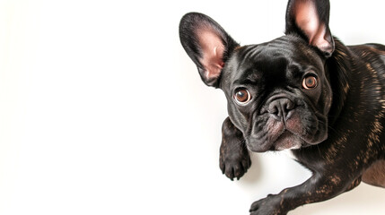Cute french bulldog, horizontal pet ad, bridle brown black frenchie, big ears, looking at camera, shot from above, room for type, dog breeds, pet care, veterinary, isolated on white background, 