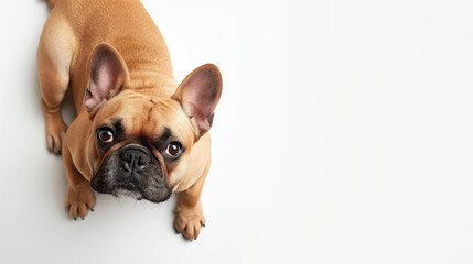 Fototapeta premium Cute french bulldog puppy, waiting for treat, tan fawn color frenchie, looking at camera, shot from above, room for type, dog breeds, pet care, veterinary, snub nosed dog, isolated on white background