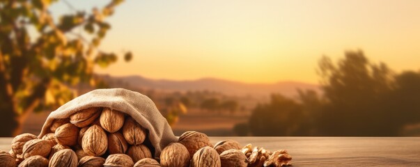 A bag of walnuts with nature background on wooden mat, panorama. Generative Ai.