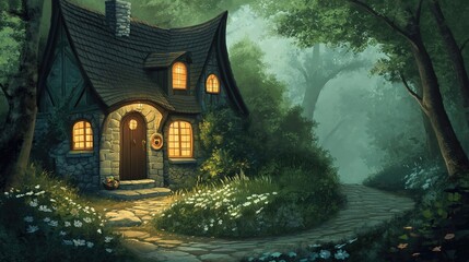 grungy noise texture art, a house in deep forest with fog drifting around , whimsical fantasy fairytale contemporary creative illustration, Generative Ai - obrazy, fototapety, plakaty