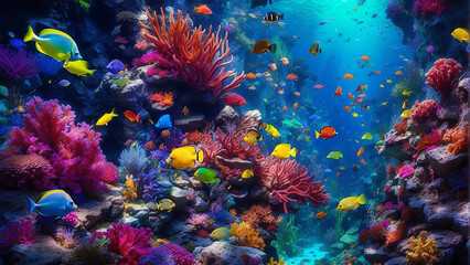 Fototapeta na wymiar vibrant hues and shimmering scales as you explore an underwater paradise filled with colourful aquarium fishes