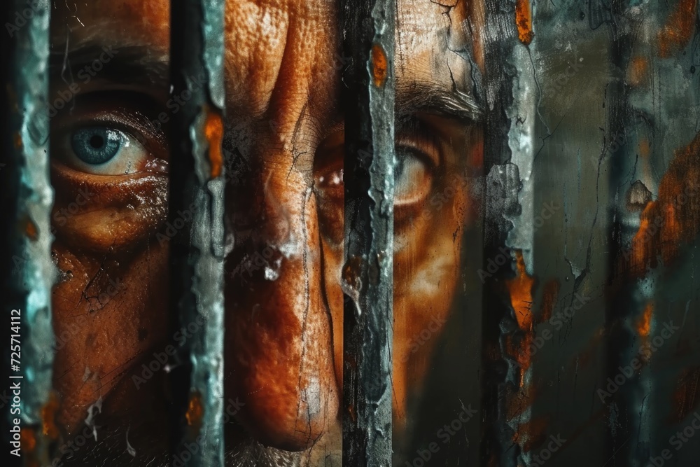 Poster a close up shot of a man's face peering through prison bars. perfect for illustrating themes of conf