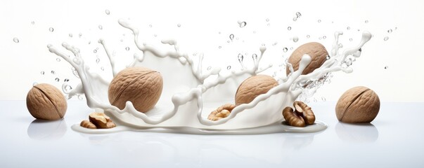 A floating open and close walnut surrounded by white milk , panorama. Generative Ai.
