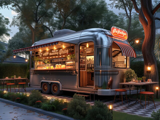 Envision a food truck mock-up in a quaint suburban neighborhood. The truck's design is retro,...