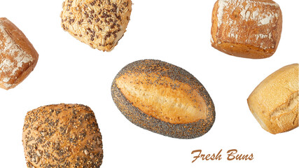 Fresh various crispy bread buns flying falling isolated on white background. Poppy, sesame, flax and sunflower seeds whole buns for breakfast.