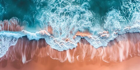 Obraz premium Serene coastal view capturing the gentle collision of wave and sand. ideal for tranquil themes and nature designs. aerial oceanic scene. AI