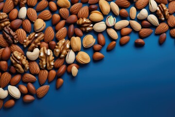 Mix of different types of nuts on blue background, healthy food concept. Generative Ai.