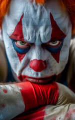 A clown man with a sulky and sad expression and her arms crossed