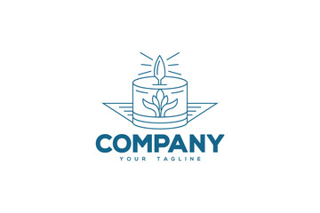 Logo design of a cute candle decorated green leaves on each side of the candle.