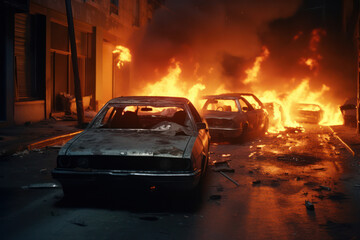 Fototapeta na wymiar Inferno on the Street: Fire, Car, Smoke, Vehicle, Accident, Destruction, Street, Automobile, Violence.