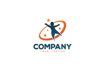 Creative logo design depicting a person with its arms spread to the sides and stars on the side.	