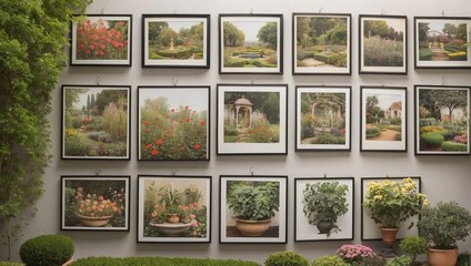 Pictures hanging on wall of garden Generative AI