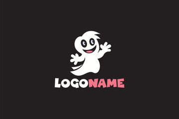 Creative logo design depicting a cute mascot of a happy white ghost. 
