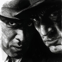 The faces of two men in hats, comic strip style