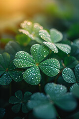 Clover leaves on green background. Three-leaved shamrocks. St Patrick Day holiday symbol. Template...