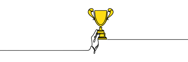 Winner's cup in hand in one continuous line style - obrazy, fototapety, plakaty